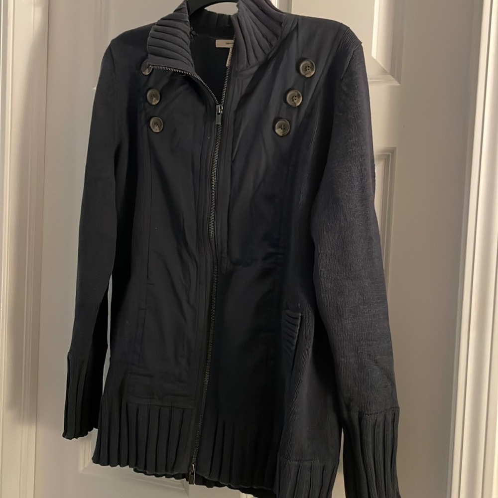 Navy knit zip up sweater with button details